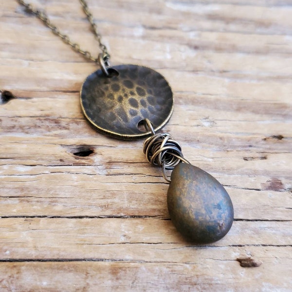 Matte Olive Green Antiqued Brass Long Boho Necklace, Wire Wrapped Olivine Czech Glass Pendant, Long Boho, Forest Green Pendant