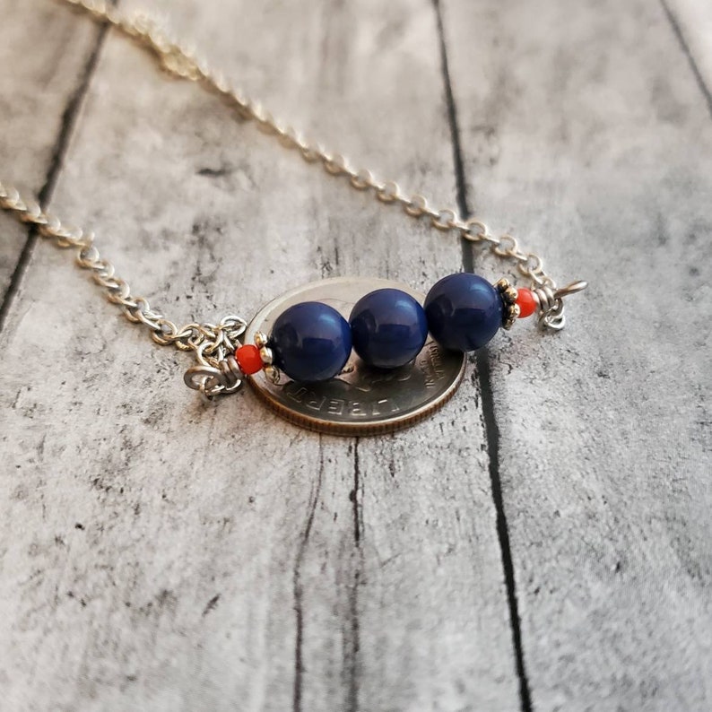 Blue and Orange Necklace, Blue Pearl Bar Necklace, UVA Cavalier Team Spirit Jewelry, Blue and Orange Bar Necklace image 3