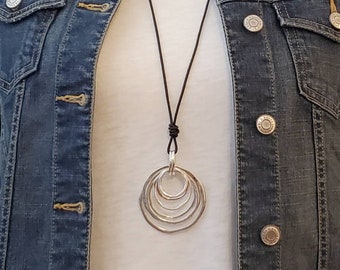 Bright Silver Layered Rings Black Leather Necklace, Long Black Leather Pendant Necklace, Silver Layered Circles Leather Necklace, Boho