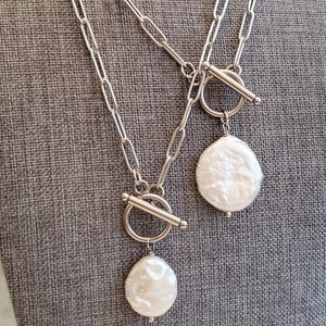 Stainless Steel Paper clip Chain Necklace with Front Toggle clasp and White Coin Pearl Pendant, White Pearl Paperclip Chain Necklace