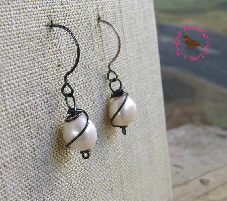 Sterling Wire Wrapped Dangle White Pearl Earrings Wire Wrap MagpieMadness for Etsy Messy Wire Wrapped White Pearl Earrings Pearls