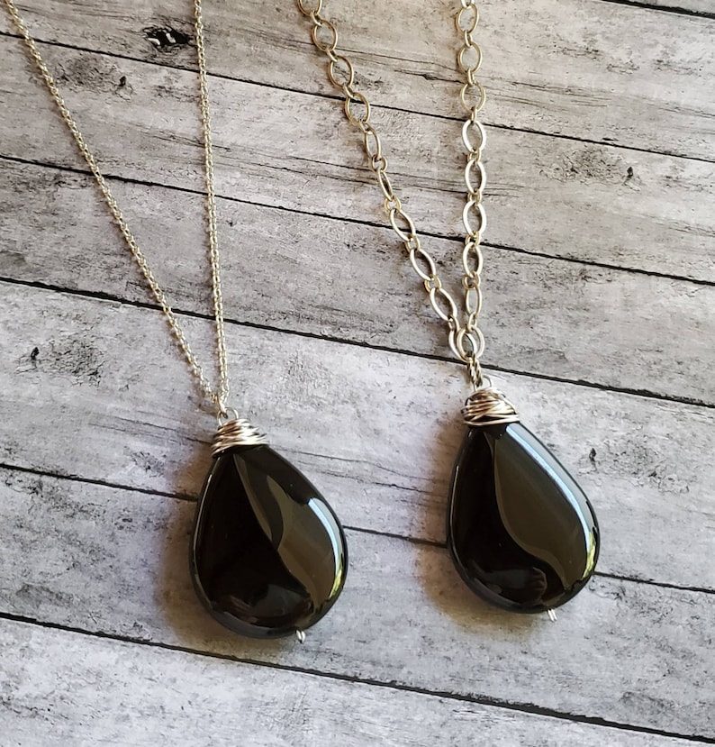 Black Onyx Teardrop Pendant Necklace Black Gemstone Pendant Etsy