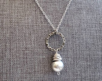 Long Boho Gray Pearl Pendant Necklace, Wire Wrap, Pearl of Great Price, Large Pearl Antique Silver Chain Necklace, Sleet Gray Pearl Pendant