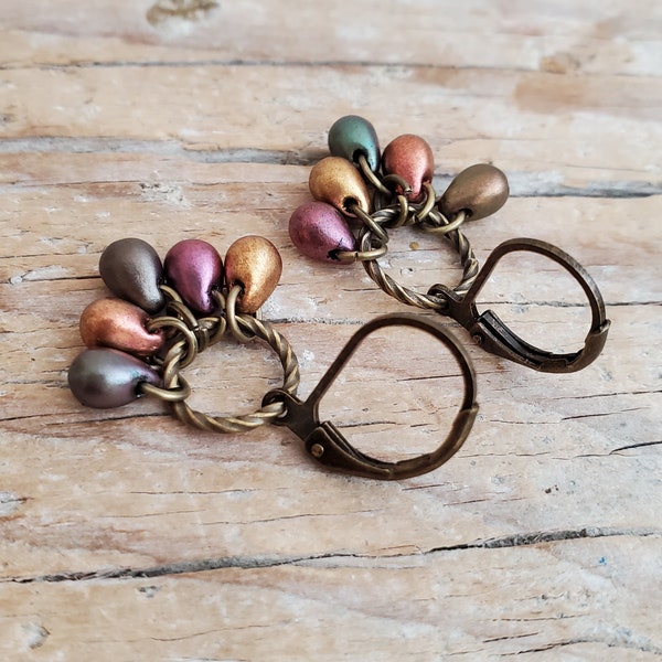 Metallic Matte Multi-toned Czech Glass Cluster Teardrop Earrings, Petite Olive Purple Bronze Gold Cluster Drop Earrings in Antiqued Brass