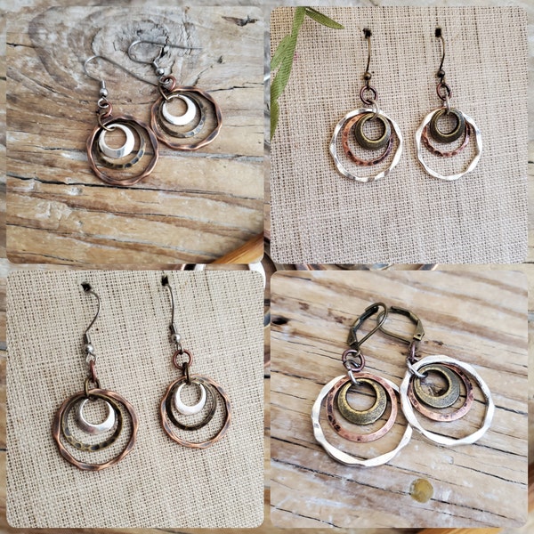 Mixed Metals Stacked Ring Earrings, Steampunk Dangle Brass Copper Silver Dangle Hoop Earrings, Mixed metal stacked ring earrings in copper