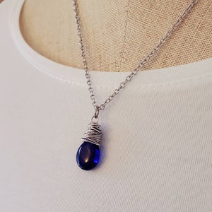 Cobalt Blue Glass Teardrop Pendant, Cobalt Blue Czech Glass, Dark Blue Pendant, Cobalt Glass Jewelry image 2