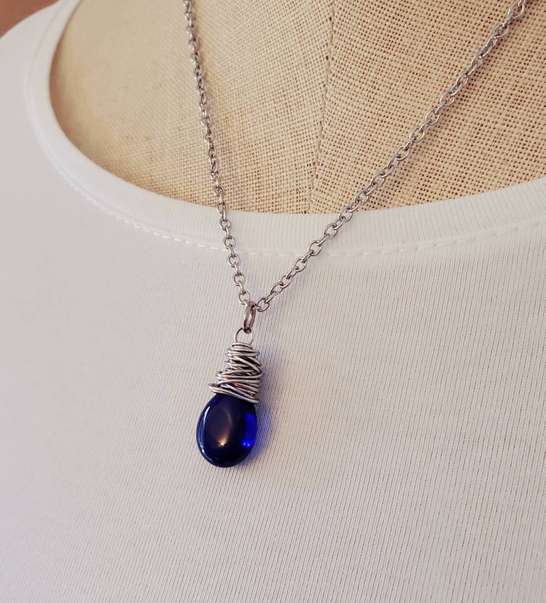 Cobalt Blue Glass Teardrop Pendant, Cobalt Blue Czech Glass, Dark Blue Pendant, Cobalt Glass Jewelry image 2