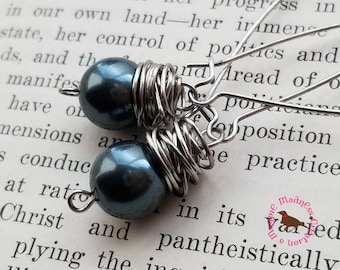 Tahitian Blue Swarovski Pearl Earrings, Blue Pearl Earrings, Messy Wire Wrap Earrings, Antique Silver Wrapped Pearls, Boho Style