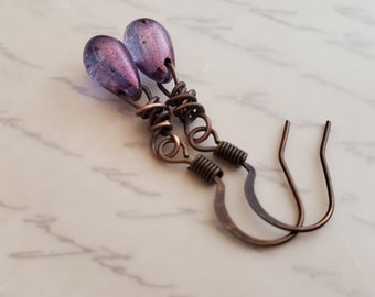 Petite Rustic Iridescent Purple Glass Earrings in Made in Antiqued Copper, Purple Wire Wrapped Earrings in Rustic Copper, Boho, Petite