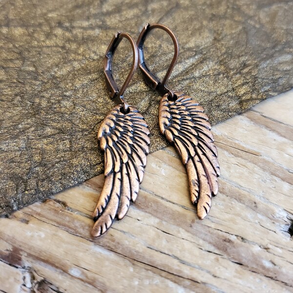 Copper Wings Dangle Earrings, Under His Wings, Steampunk Wing Earrings, Bird Wing Earrings