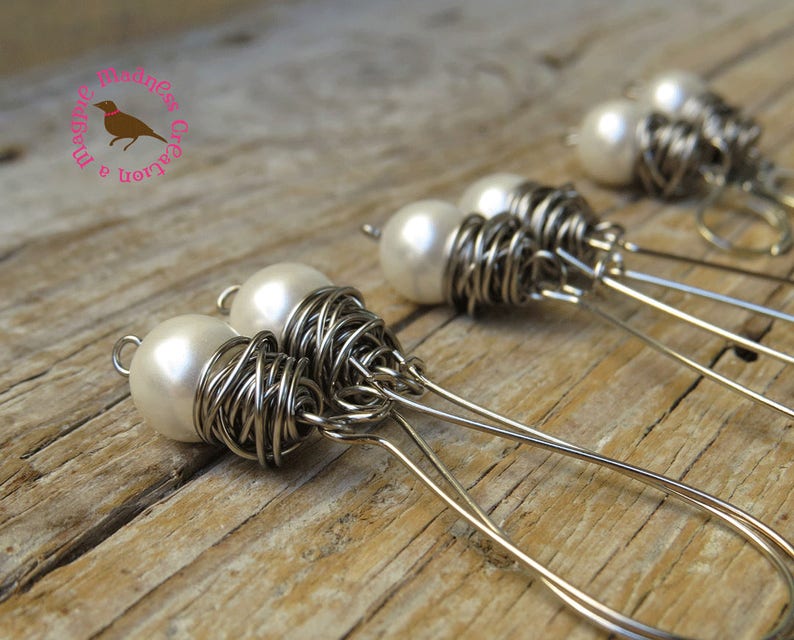 Sterling Wire Wrapped Dangle White Pearl Earrings Wire Wrap MagpieMadness for Etsy Messy Wire Wrapped White Pearl Earrings Pearls