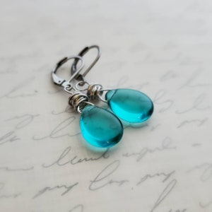 Seafoam Czech Glass Teardrop Earrings, Wire Wrapped Aqua Earrings