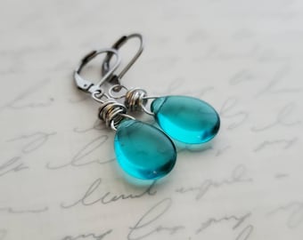 Translucent Sea Foam Czech Glass Teardrop Earrings, Wire Wrapped, Rich Aqua Glass Teardrop Earrings, SeaFoam Blue Glass Teardrop Earrings