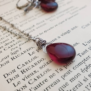 Garnet Red Czech Glass Pendant Necklace, Bloodstone Red Teardrop Necklace, Silver Beaded Chain, Wire Wrapped Teardrop Pendant