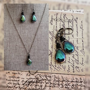 Iridescent Teal Czech Glass Teardrop Earrings: Black Gunmetal Wire Wrapped