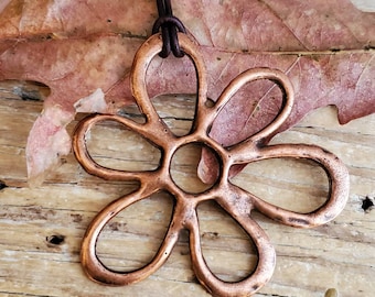 Long Boho Leather Copper Groovy Flower Pendant Necklace, Boho Vintage Copper Oversized Flower Pendant on Leather, Adjustable