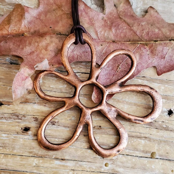 Long Boho Leather Copper Groovy Flower Pendant Necklace, Boho Vintage Copper Oversized Flower Pendant on Leather, Adjustable