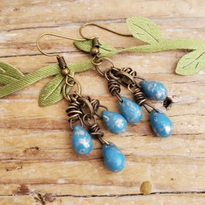 Rustic Turquoise Blue Glass and Brass Cluster Earrings, Blue Czech Glass Chandelier Earrings, Boho Wire Wrapped Blue Cluster Drop Earrings