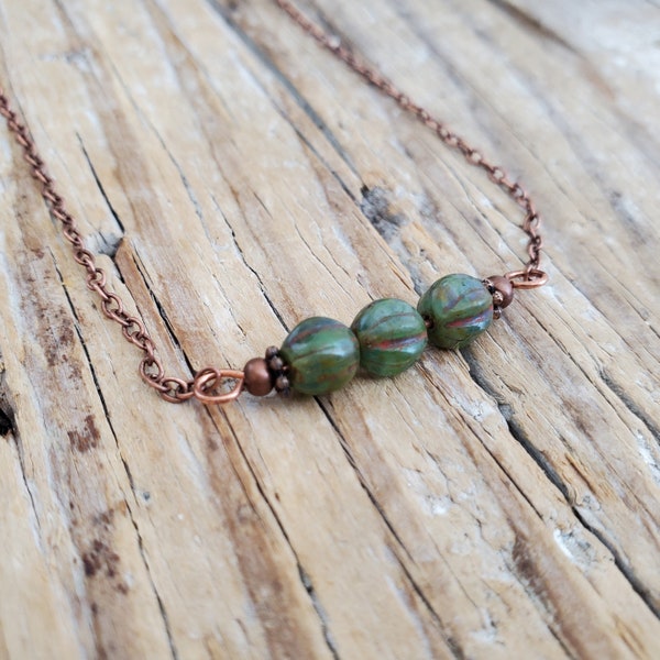 Olivine Green Czech Glass Bar Style Necklace in Antiqued Copper, Green Beaded Bar Necklace in Antiqued Copper, Minimal, Boho