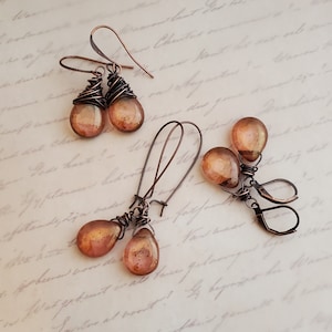 Rustic Copper Glass Teardrop Earrings, Rustic Transparent Rose Gold Earrings, Rustic Copper Earrings, Boho, Wire Wrapped, Burnt Autumn Leaf