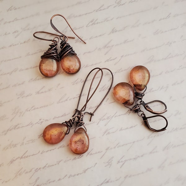 Rustic Copper Glass Teardrop Earrings, Rustic Transparent Rose Gold Earrings, Rustic Copper Earrings, Boho, Wire Wrapped, Burnt Autumn Leaf