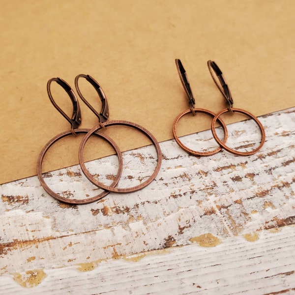 Minimal Copper Ring Earrings in 2 Sizes, Copper Ring Drop Earrings, Long Antiqued Copper Circle Earrings