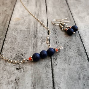 Blue and Orange Necklace, Blue Pearl Bar Necklace, UVA Cavalier Team Spirit Jewelry, Blue and Orange Bar Necklace image 2