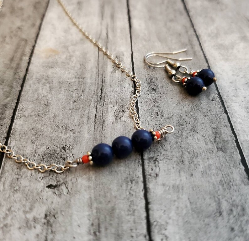 Blue and Orange Necklace, Blue Pearl Bar Necklace, UVA Cavalier Team Spirit Jewelry, Blue and Orange Bar Necklace image 2