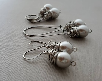 Light Gray Pearl Earrings, Messy Wire Wrap, Dangle Gray Pearl Earrings, Statement, Messy Wire Wrap Pearl, Long Dangle, Sleet Gray Pearls