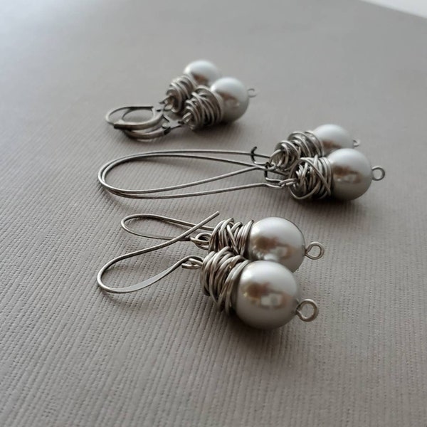 Light Gray Pearl Earrings, Messy Wire Wrap, Dangle Gray Pearl Earrings, Statement, Messy Wire Wrap Pearl, Long Dangle, Sleet Gray Pearls