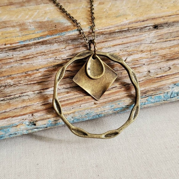 Long Boho Antiqued Brass Minimal Layering Necklace, Steampunk, Minimal Oval Ring Pendant, Antiqued Brass Chain, Brass