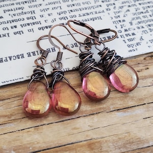 Petite Rustic Rosy Copper Czech Glass Teardrop Earrings Wrapped in Oxidized Copper, Rustic Transparent Rose Gold Earrings, Copper Earrings