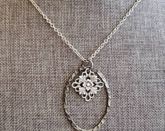 Long Boho Antiqued Silver Minimal Layering Necklace, Steampunk, Minimal Oval Ring Pendant, Silver Chain, Skinny Chain