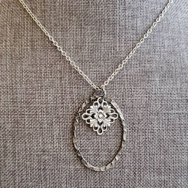 Long Boho Antiqued Silver Minimal Layering Necklace, Steampunk, Minimal Oval Ring Pendant, Silver Chain, Skinny Chain