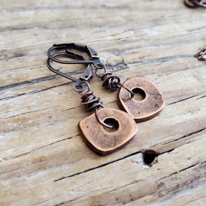 Rustic Copper Ring Earrings, Copper Wire Wrapped Donut Drop Earrings, Long Antiqued Copper Circle Earrings, steampunk copper wire earrings