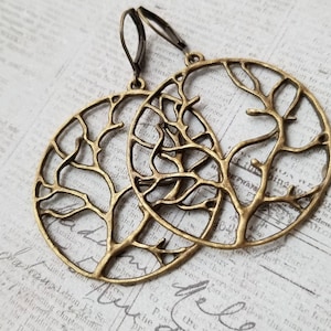 Boho Tree of Life Dangle Earrings, Tree of Life Earrings, Rustic Brass Boho Earrings, Large Round Tree of Life Earrings, Arbonne
