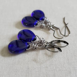 Translucent Cobalt Teardrop Earrings, Cobalt Blue Glass Teardrop Earrings, Cobalt Blue Wire Wrapped Earrings, Antiqued Silver image 3