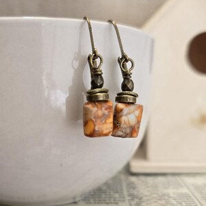 May include: A pair of handcrafted earrings featuring rectangular, speckled orange and white beads. The earrings have antique brass-colored hooks and decorative elements. The beads have a unique, natural stone appearance, adding a touch of earthy elegance to the jewelry.