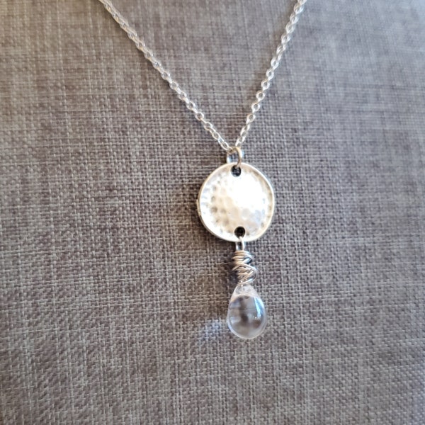 Long Boho Clear Czech Glass Teardrop Necklace, Layering, Clear Rounded Drop Pendant Necklace, Neutral, Inspiration Pendant