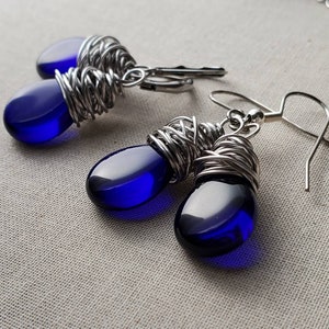 Translucent Cobalt Teardrop Earrings, Cobalt Blue Glass Teardrop Earrings, Cobalt Blue Wire Wrapped Earrings, Antiqued Silver image 1