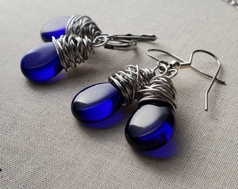 Translucent Cobalt Teardrop Earrings, Cobalt Blue Glass Teardrop Earrings, Cobalt Blue Wire Wrapped Earrings, Antiqued Silver