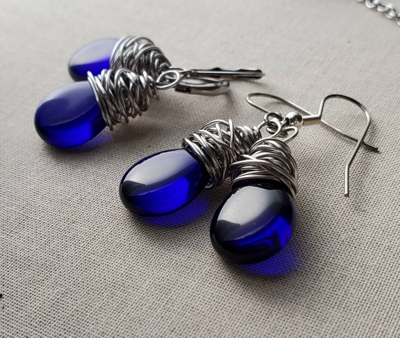 Translucent Cobalt Teardrop Earrings, Cobalt Blue Glass Teardrop Earrings, Cobalt Blue Wire Wrapped Earrings, Antiqued Silver image 1