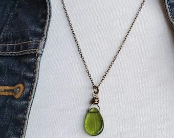 Olive Green Czech Glass Pendant Necklace - Antiqued Brass Wire Wrapped