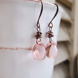 Antiqued Pink Glass Briolette Earrings in Oxidized Copper, Dangle Earrings, Pale Pink Glass Leverback Earrings, Wire wrapped, Rosette,