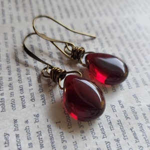 Bloodstone Glass Teardrop Earrings, Rustic Garnet Red Teardrop Earrings, Antiqued Brass, Boho, Wire Wrapped