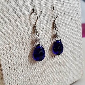 Translucent Cobalt Teardrop Earrings, Cobalt Blue Glass Teardrop Earrings, Cobalt Blue Wire Wrapped Earrings, Antiqued Silver image 10