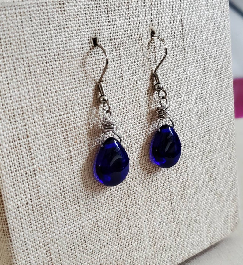 Translucent Cobalt Teardrop Earrings, Cobalt Blue Glass Teardrop Earrings, Cobalt Blue Wire Wrapped Earrings, Antiqued Silver image 10