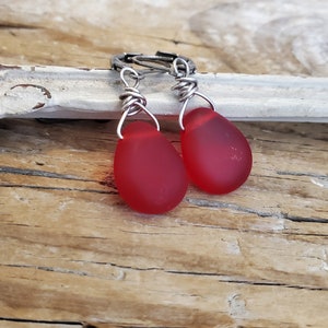 Red Seaglass Czech Glass Wire Wrapped Teardrop Dangle Earrings, Wire Wrap Red Dangle Earrings, Matte Red Teardrop Earrings, Red Earrings