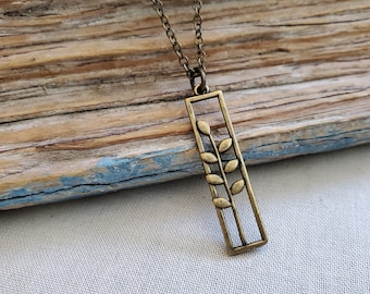 Minimal Antiqued Brass Wheat Leaf Rectangle Pendant Necklace, Bronze Wheat Leaf Necklace, Stacking Necklace