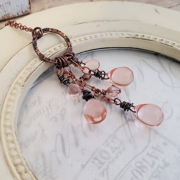 Rustic Vintage Pink Czech Glass Cluster Pendant Necklace, Long Antique Copper and Vintage Pink Necklace, Antiqued Pink, Rosaline